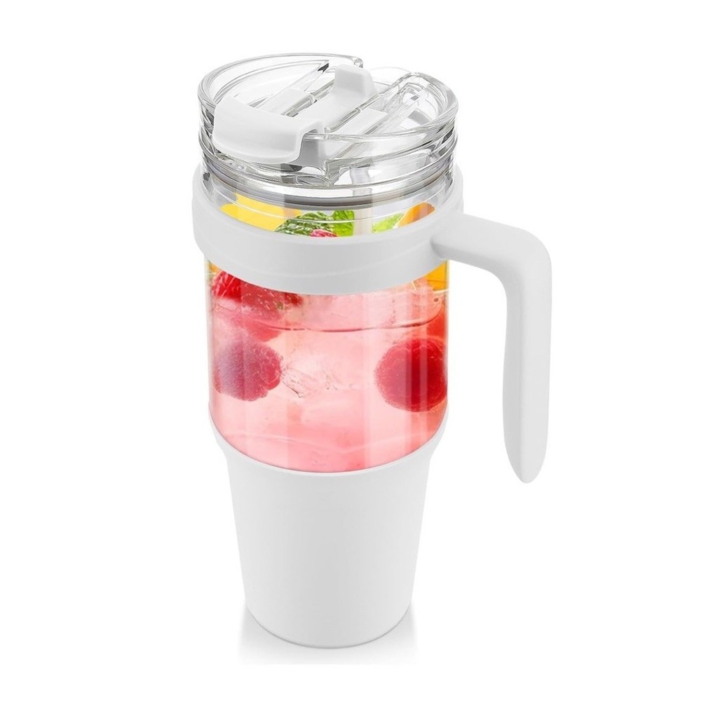 NEW Tronco 40 oz Glass Tumbler + Handle, Straw & Lid, Fits Cup Holders Lead-Free